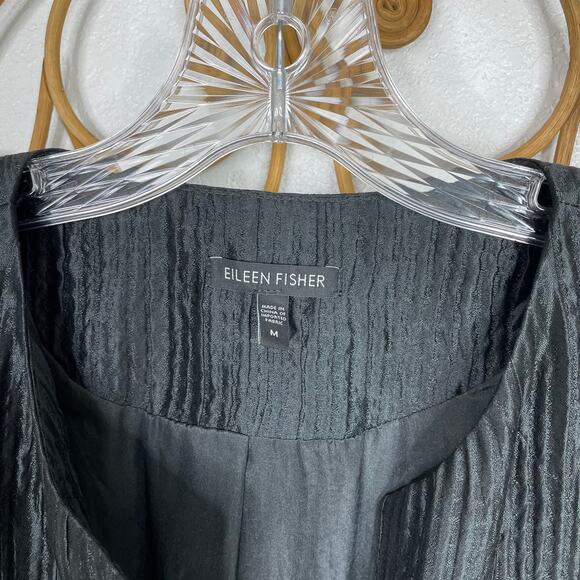 Eileen Fisher Black Collarless Crinkle Leather Trim Jacket M - Picture 4 of 5